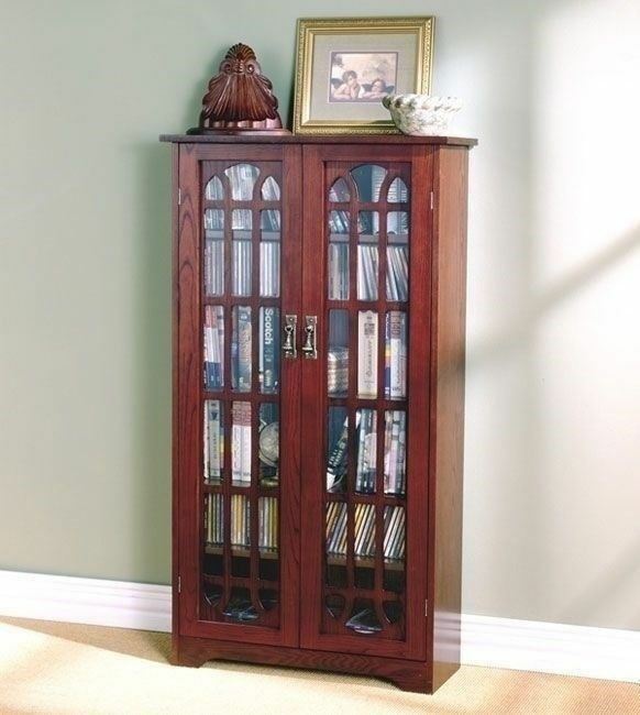 Cherry Finish Wooden Media Cabinet 6 Shelf CD DVD Storage Tower Glass Door Stand