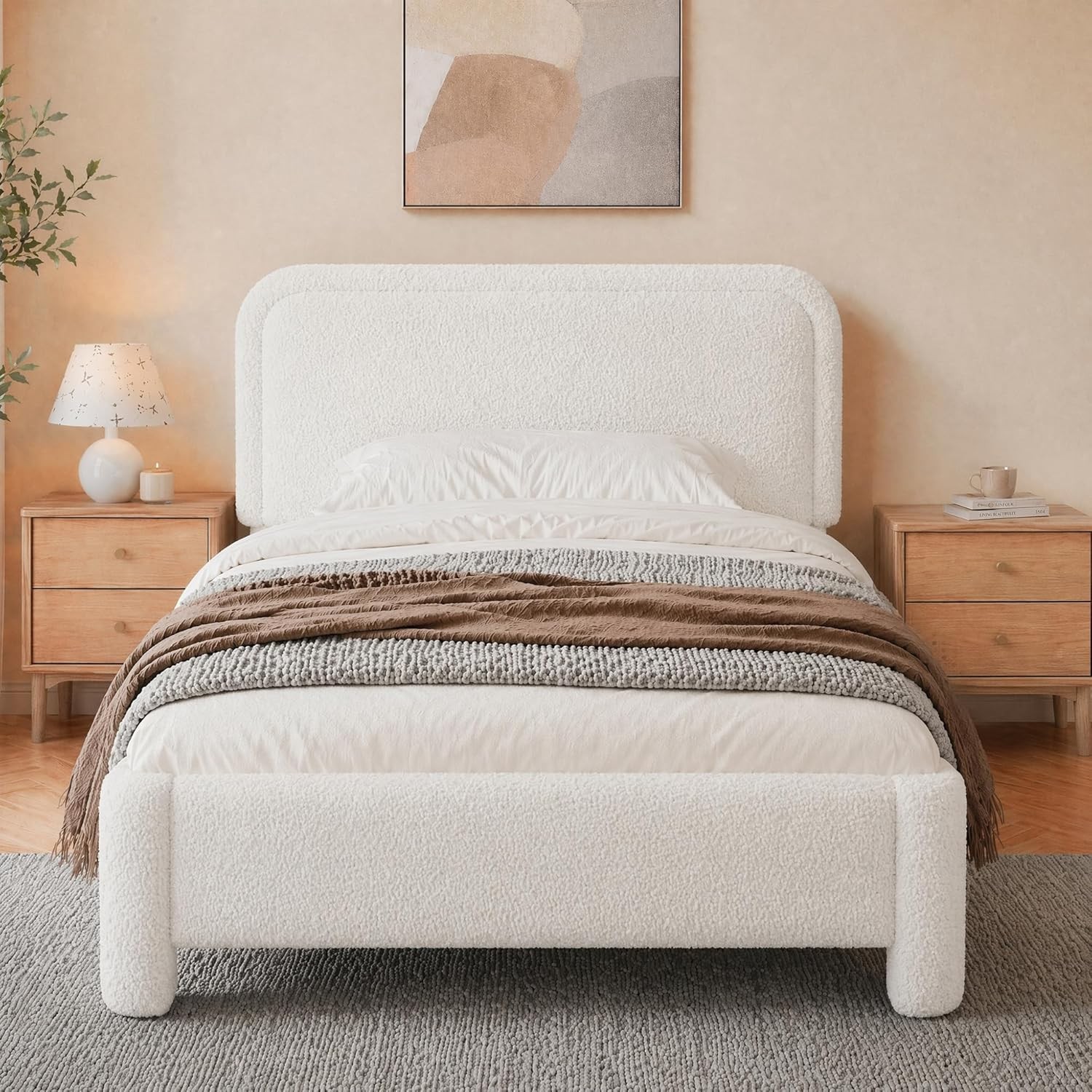 Cloud Bed Frame with Adjustable Headboard Luxurious Teddy Boucle Platform Bed