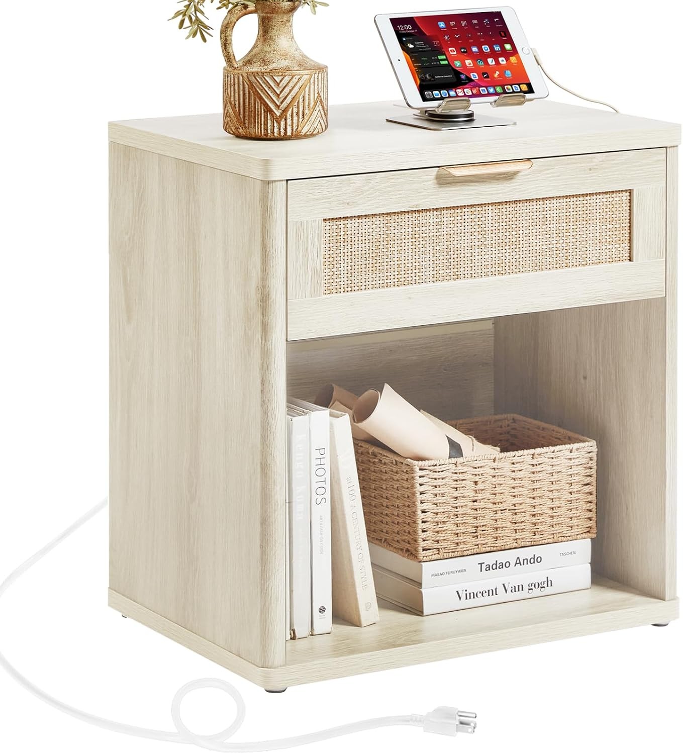 Rattan Nightstands Set of 2 with Charging Station, Grey White Night Stand with