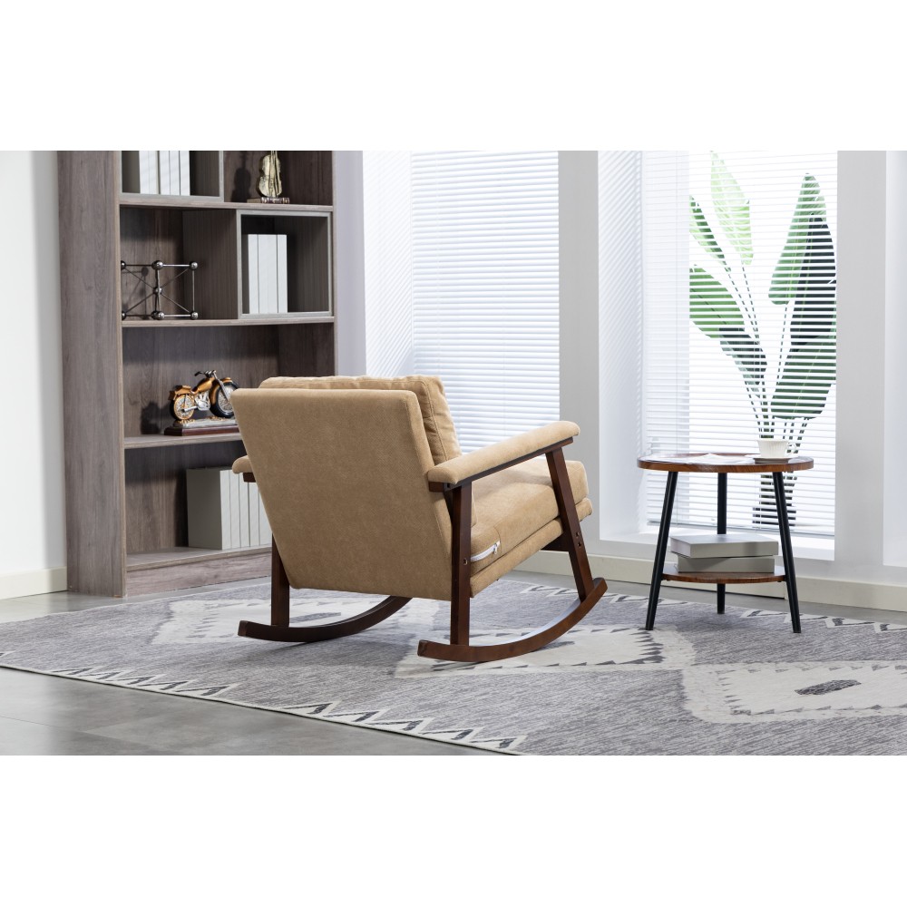Mid Century Modern Accent Rocking Chair, Wood Frame, Khaki Upholstered
