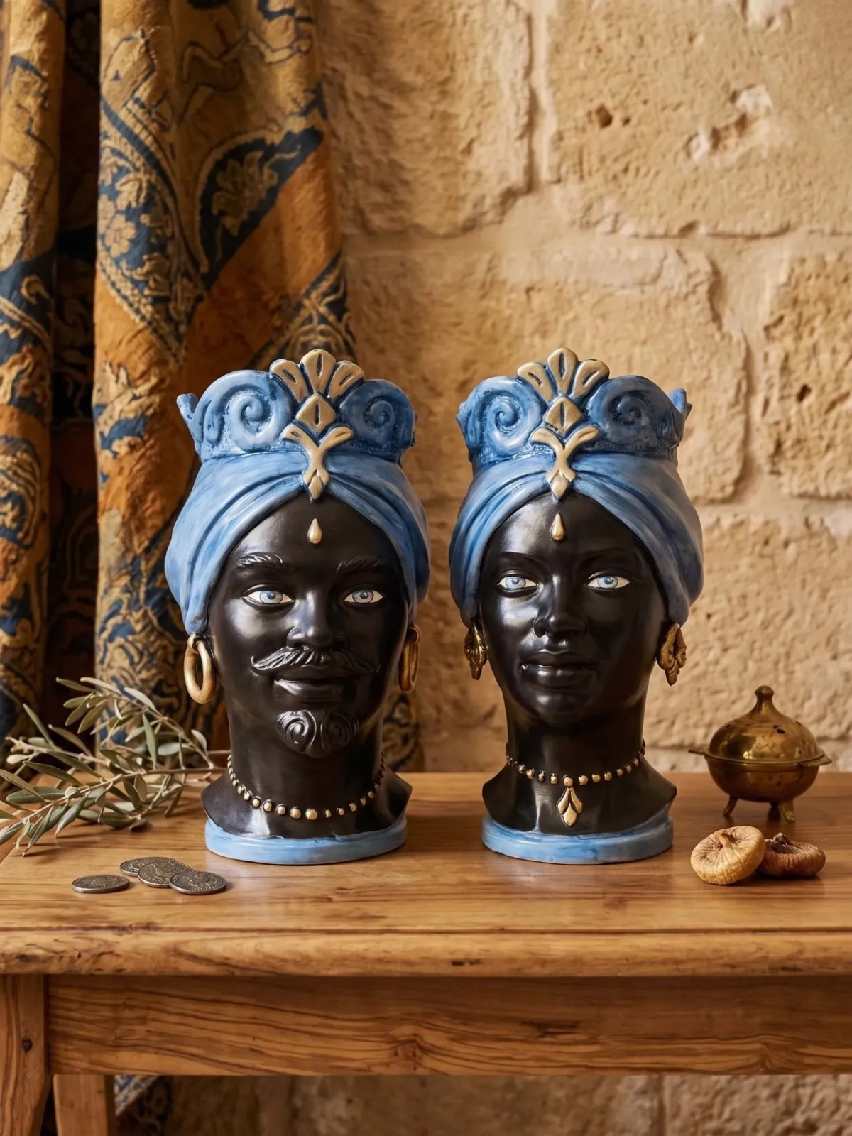 Pair Of Modern Moorish Heads 14.57 In Hand-Painted Sicilian Ceramic Dec.05