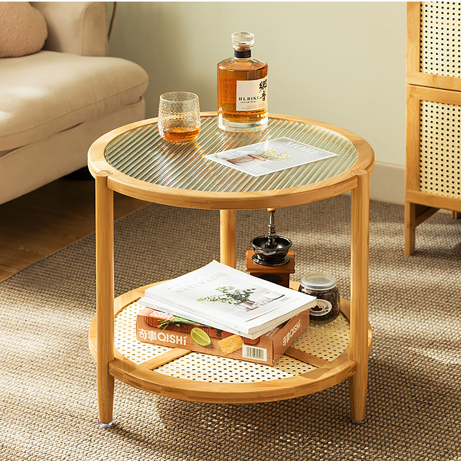 Round Coffee Table,Wood Living Room Table 2 Tiers Indoor End Table Free Standing