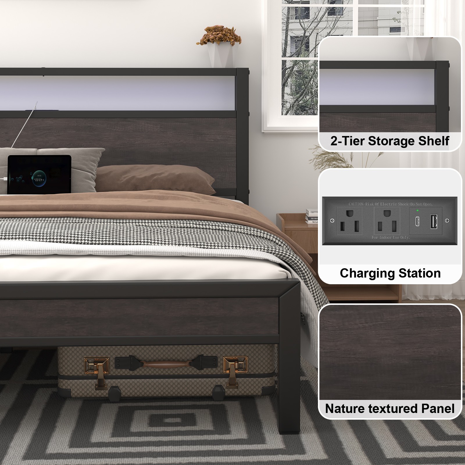 Full/Queen/King Size Bed Frame with 2-Tier Storage and LED Lights Headboard