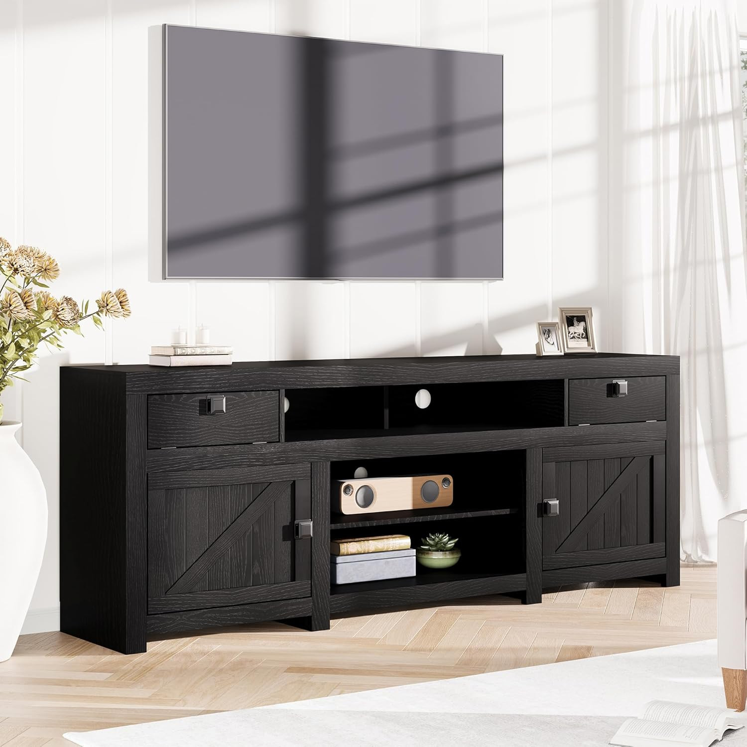 Farmhouse TV Stand for 75/80 Inch TVs with Storage Drawers & Open Shelves