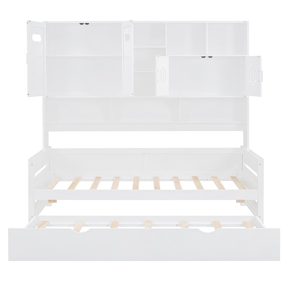 Twin Size Wooden Daybed with Twin Trundle Cabinet Shelf Storage