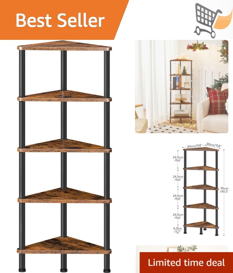 Corner Shelf Stand Industrial 5-Tier Metal Frame Rustic Brown Small Bookcase