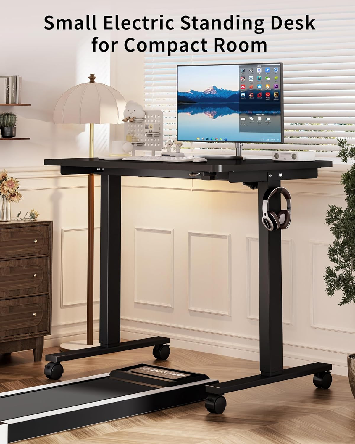 Height Adjustable Small Electric Standing Desk with Wheels – 36×24 Inches Black