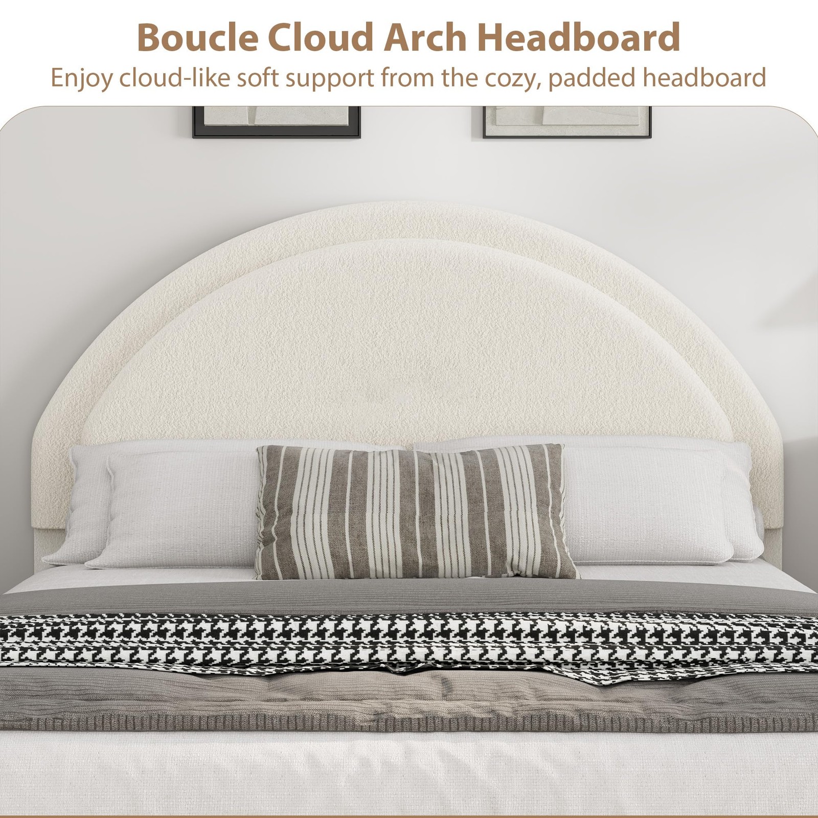Full Size Bed Frame ,Boucle Upholstered Platform Bed Frame with Round Headboard