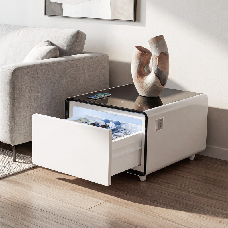 Modern Smart Coffee Side Table with Built-in Fridge Power Socket Induction Light