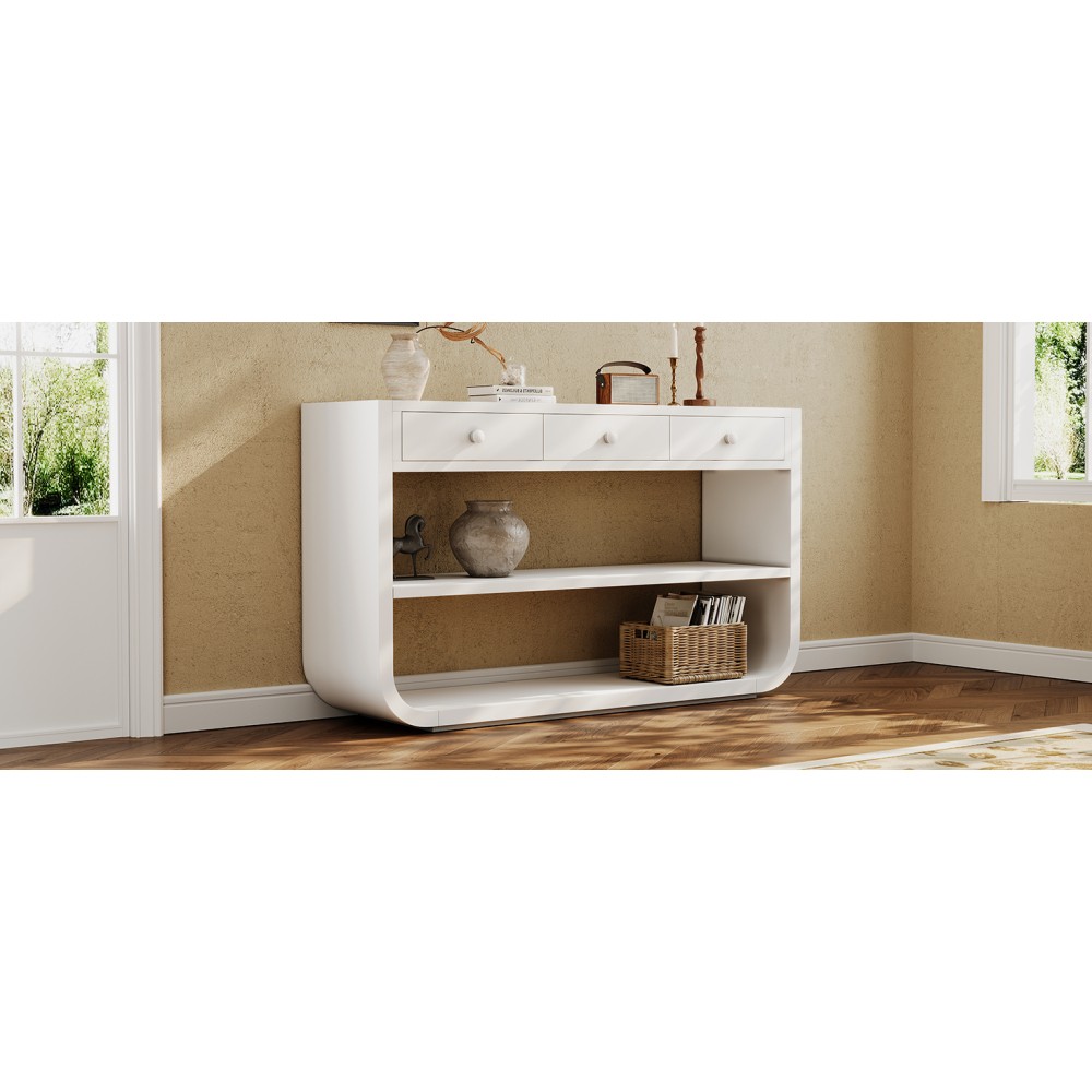 Modern Curved Console Table with 3 Soft-Close Drawers & 2 Open Shelves