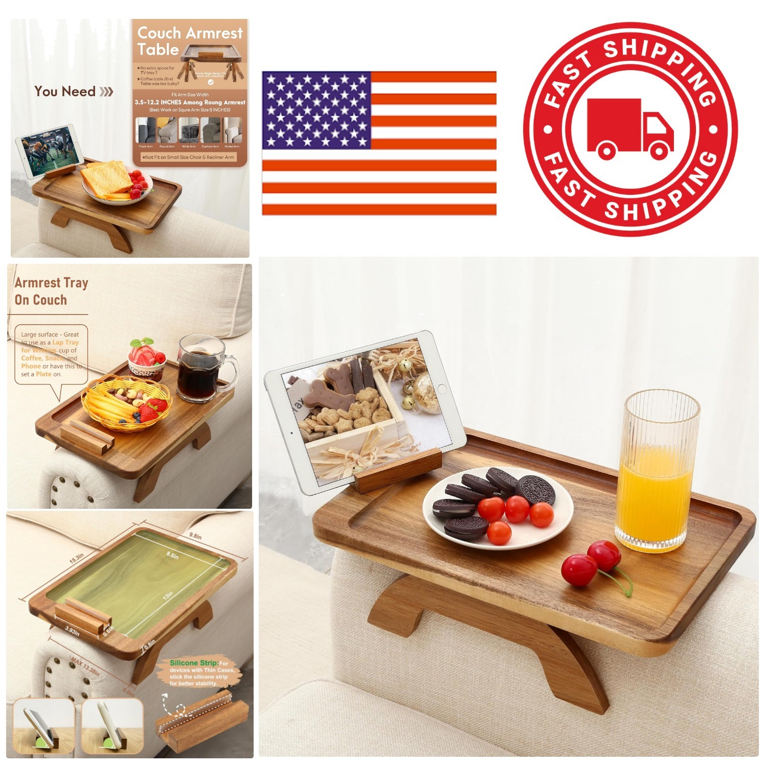 Sofa Clip On Tray Table in Acacia Wood 15.35 Inches for Drinks and Snack Storage