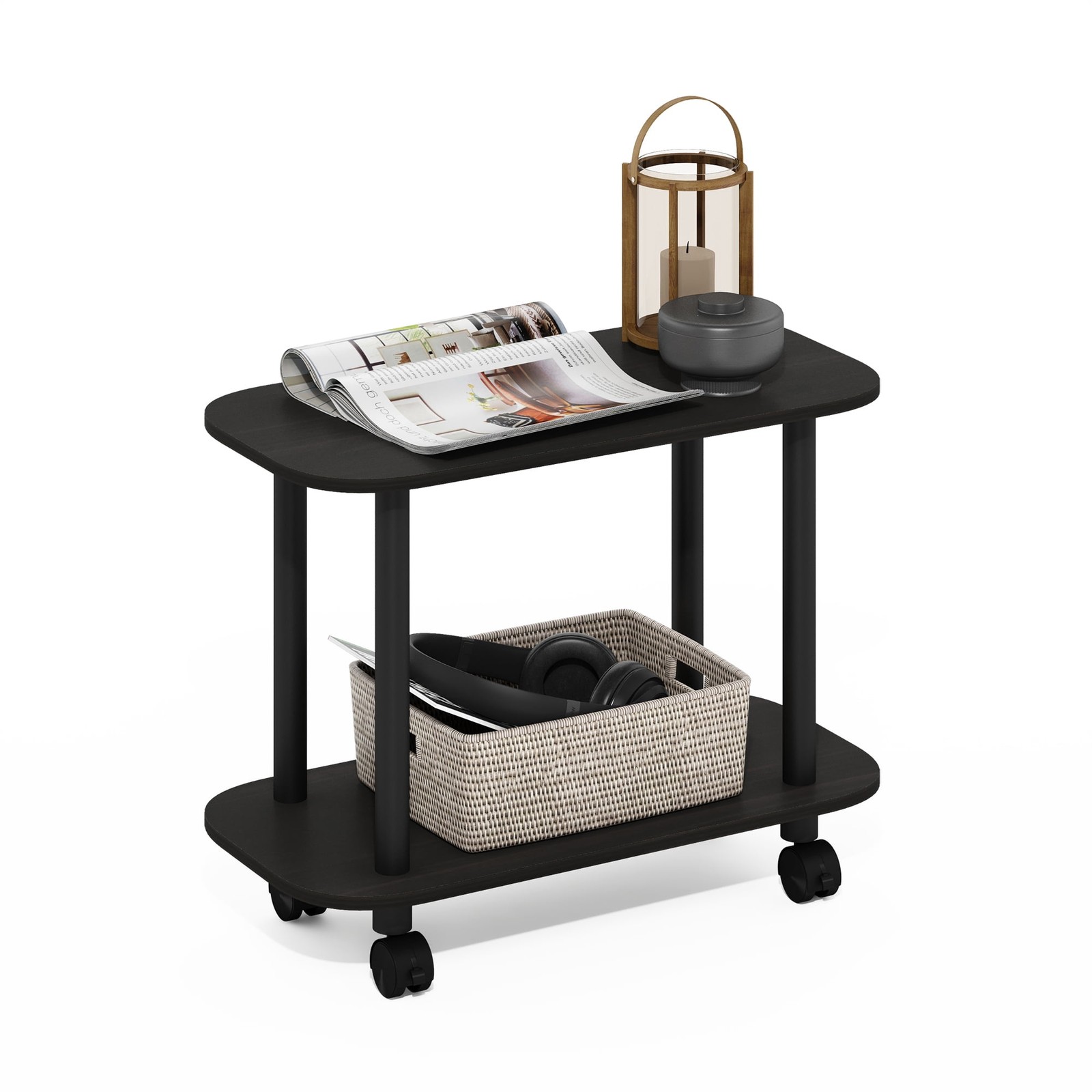Modern Oval End Table Side Table with Casters Amber Pine/Black For Living Room