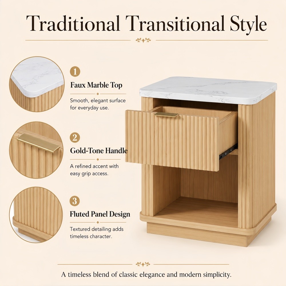 Natural Wood Finish Fluted Nightstand with Storage Drawer and Open Shelf