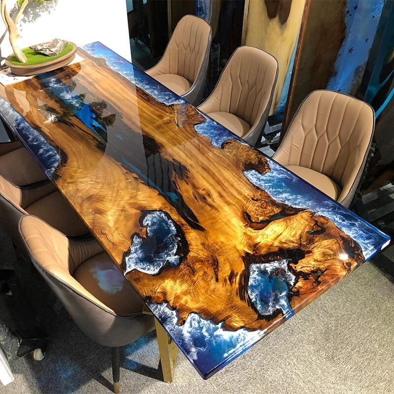 Custom Ocean Wave Walnut Wood Epoxy Dining Table – Handcrafted with Serene Wave