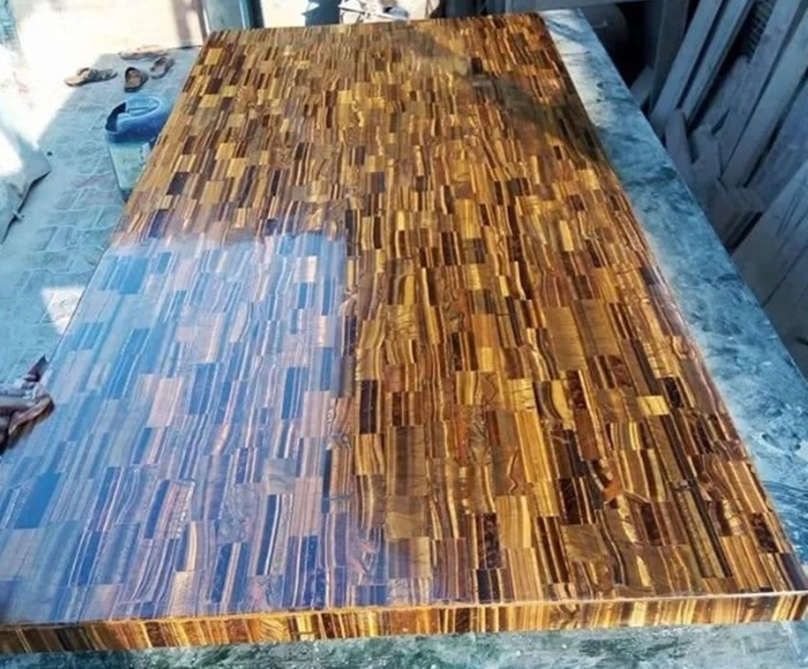 Tiger Eye Stone Table Top with Random Work 12 x 12 Inches Sqaure Coffee Table