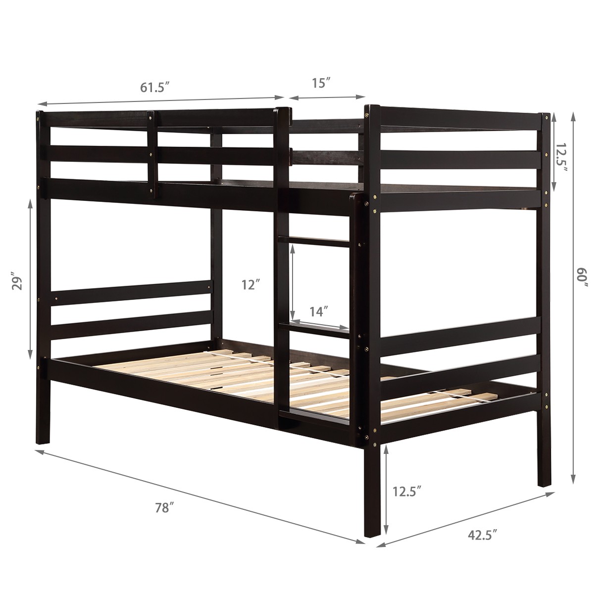 Twin Over Twin Wood Bunk Beds W/Ladder & Safety Rail Pine Wood Bunk Bed Espresso