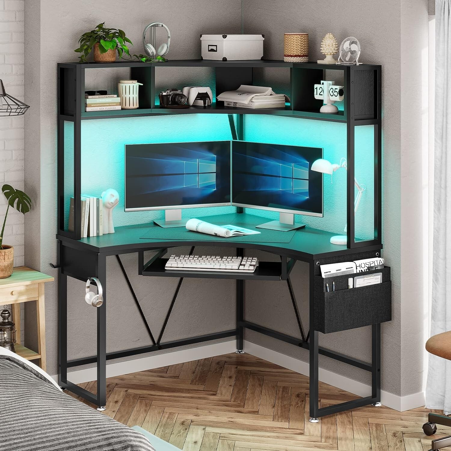 Triangle Corner Computer Desk with Keyboard Tray Home Office Desk w/ LED Lights