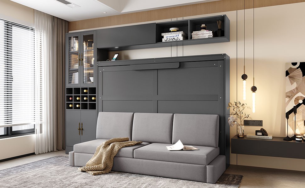 Full Size Murphy Bed with Sofa, Shelves, USB & Light, Gray