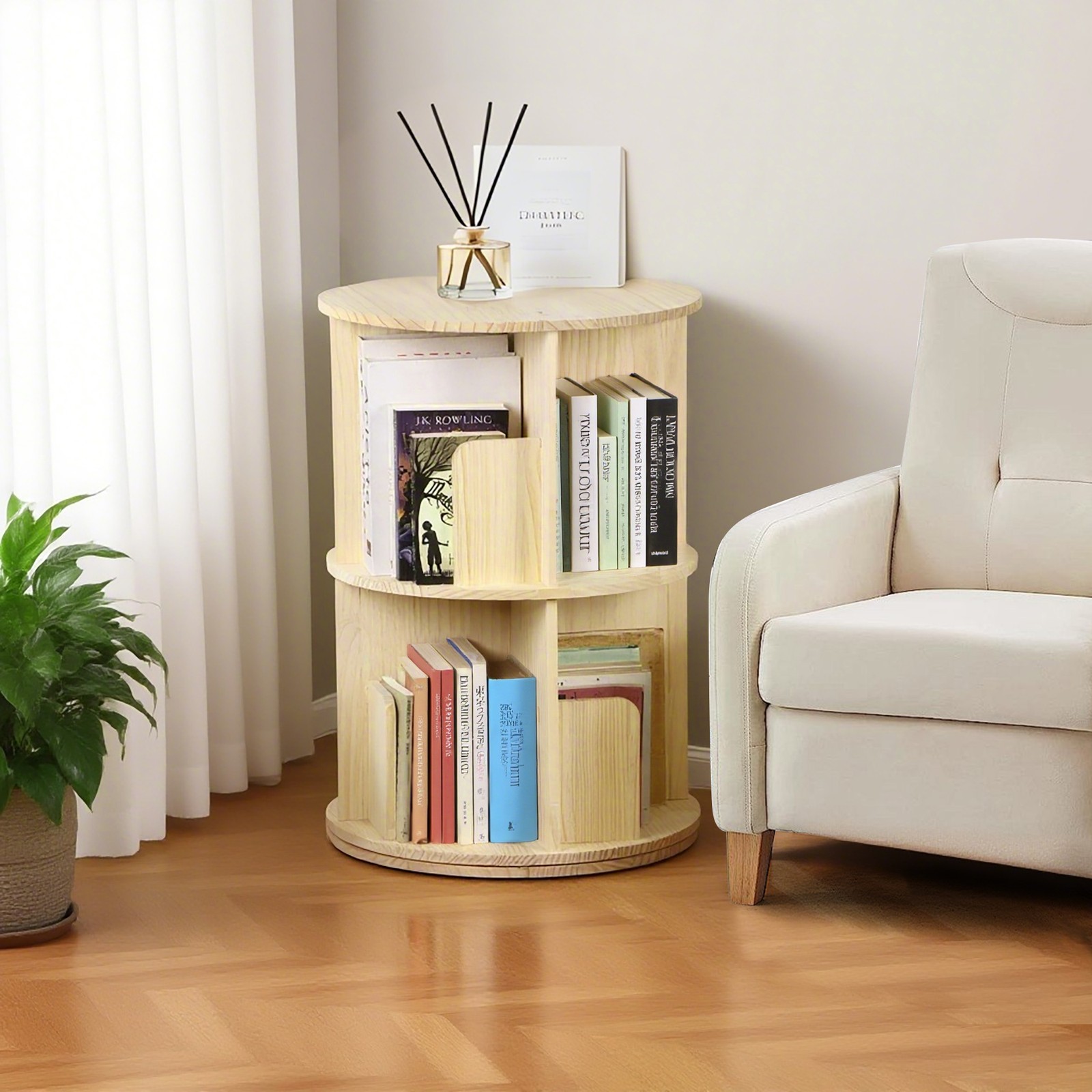 Rotating Bookshelf 360° Display 2-Tier Corner Bookshelf Floor Standing Bookcase