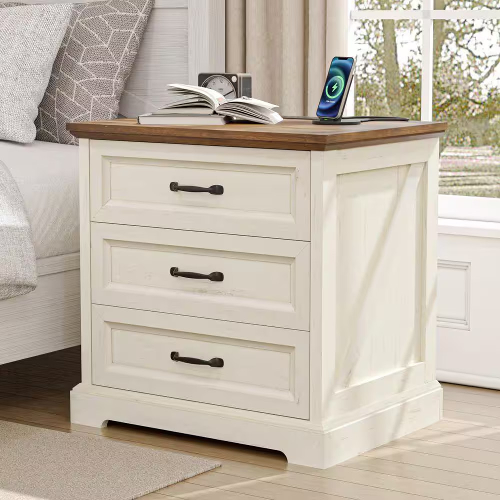 Farmhouse White/Brown 3-Drawer 23.6 In. W Nightstand with Charging Station