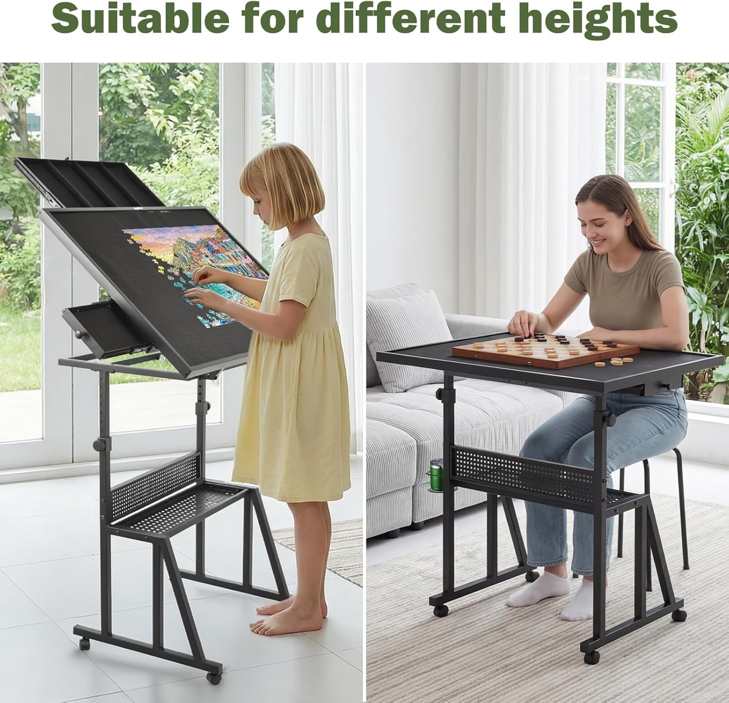 1500 Piece Adjustable Height Tilt Jigsaw Puzzle Table w/ Wheels Sorting Trays