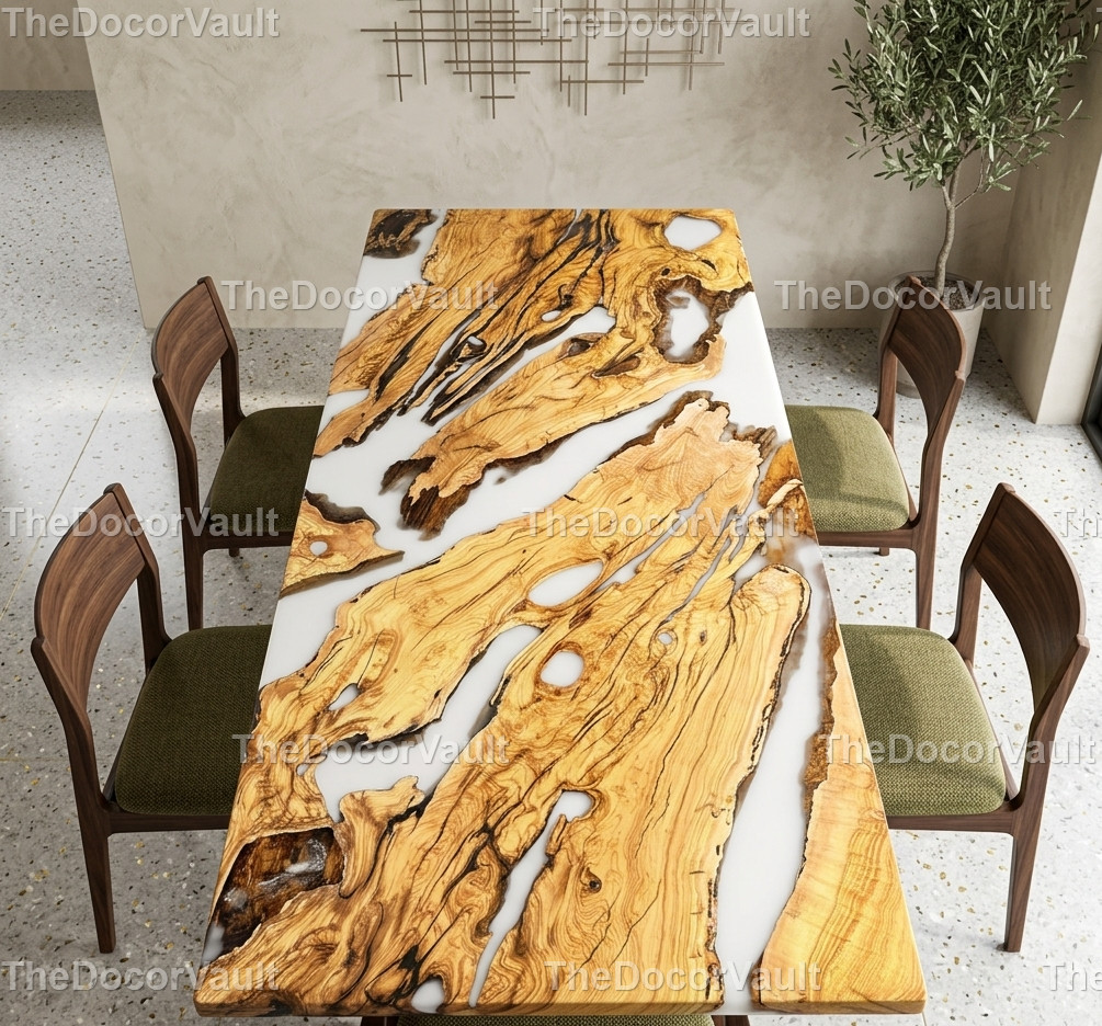 Live Edge Olive Wood Table Top White Epoxy Resin River Handmade Dining Table Top