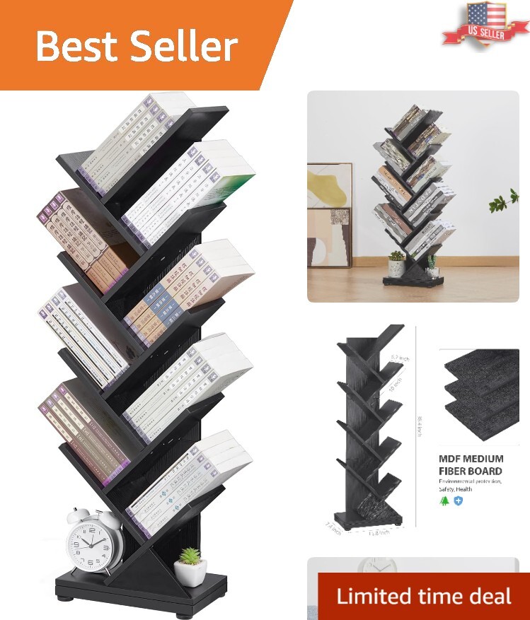 Retro Geometric Tree Bookshelf – Compact 8 Tier Storage Solution – Black