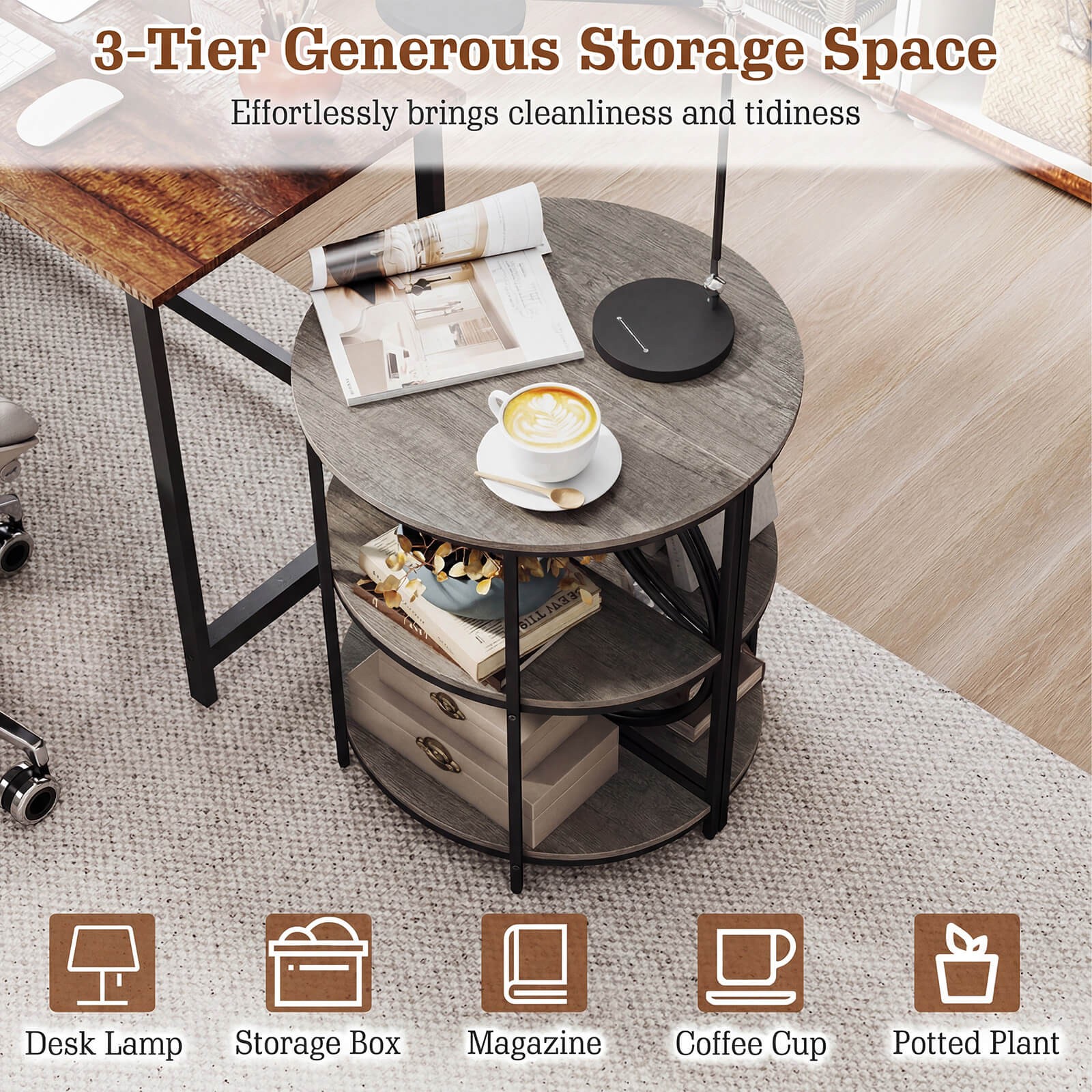 3-Tier Half Round End Table Set of 2 w/Study Metal Frame, Storage Shelves