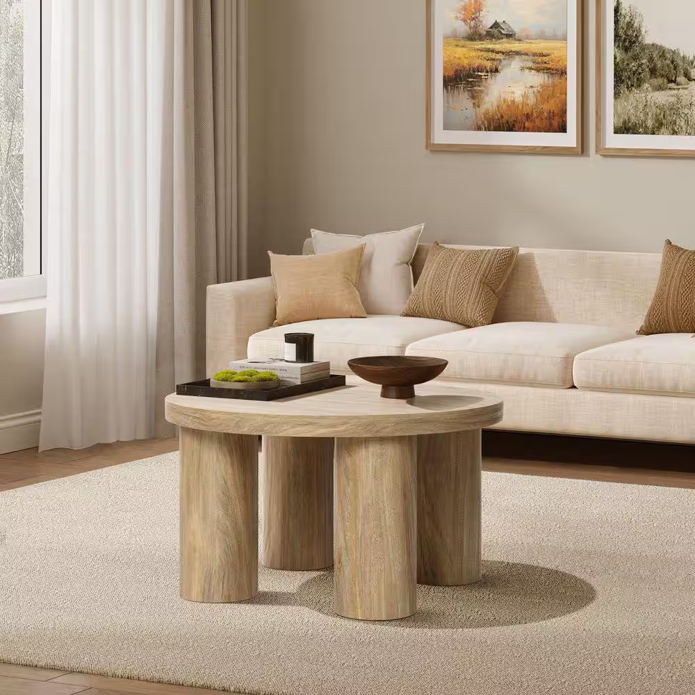 27.6 In. Oak round Wood Coffee Table with 4-Pillar Legs