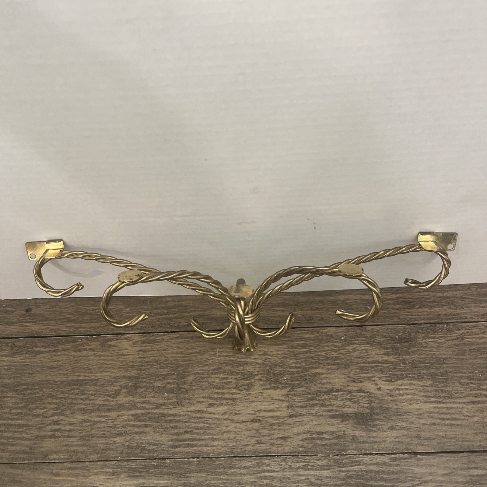 Vtg Brassy Metal Glass Wall Shelf Decorative Twisted Rope Bracket Glam MCM