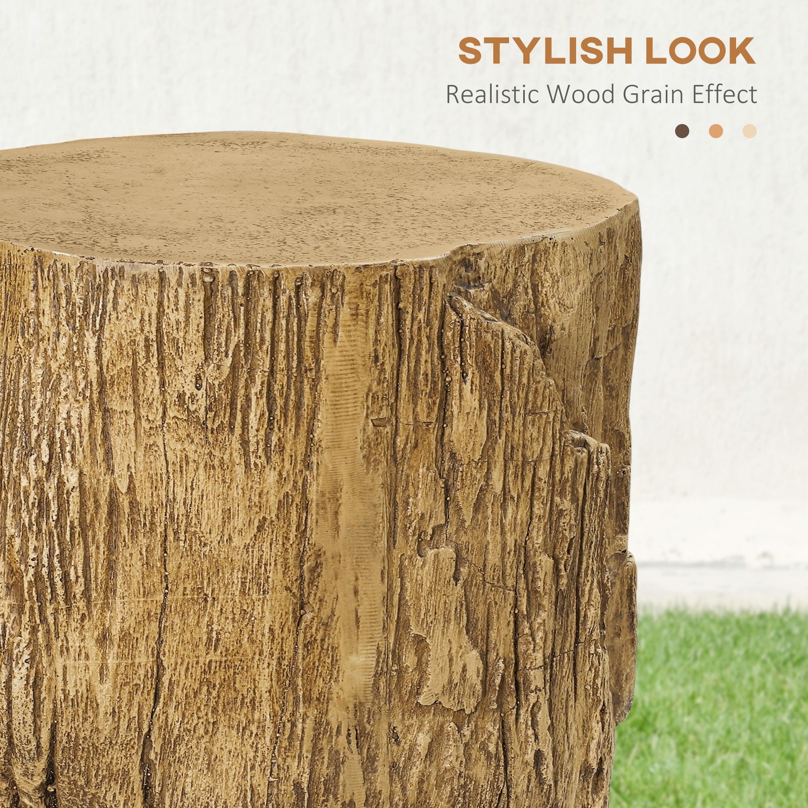 Tree Stump Stool Side Table Round Tabletop Wood Grain Finish Indoor Outdoor