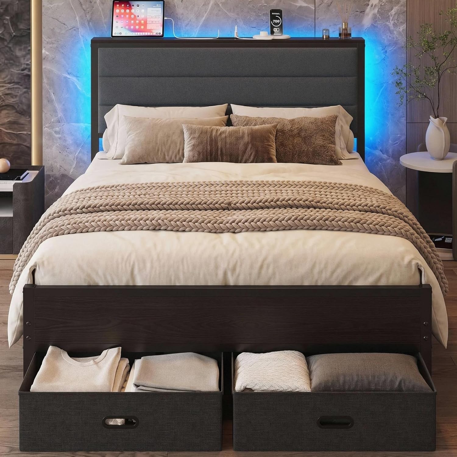 Full Size Bed Frame with 2 Storage Drawers Upholstered Headboard | Full