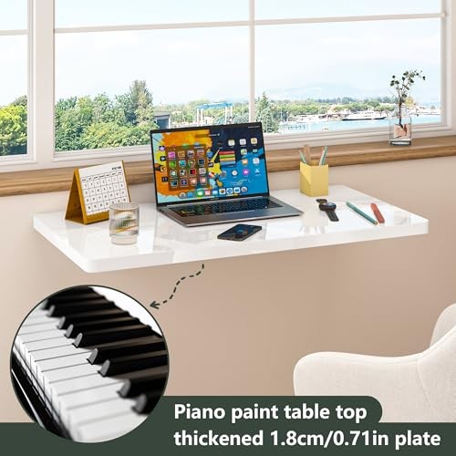 Wall Mounted High Gloss Folding Table, Wall Desk 31.5″W x 15.7″D x 5.2″H White