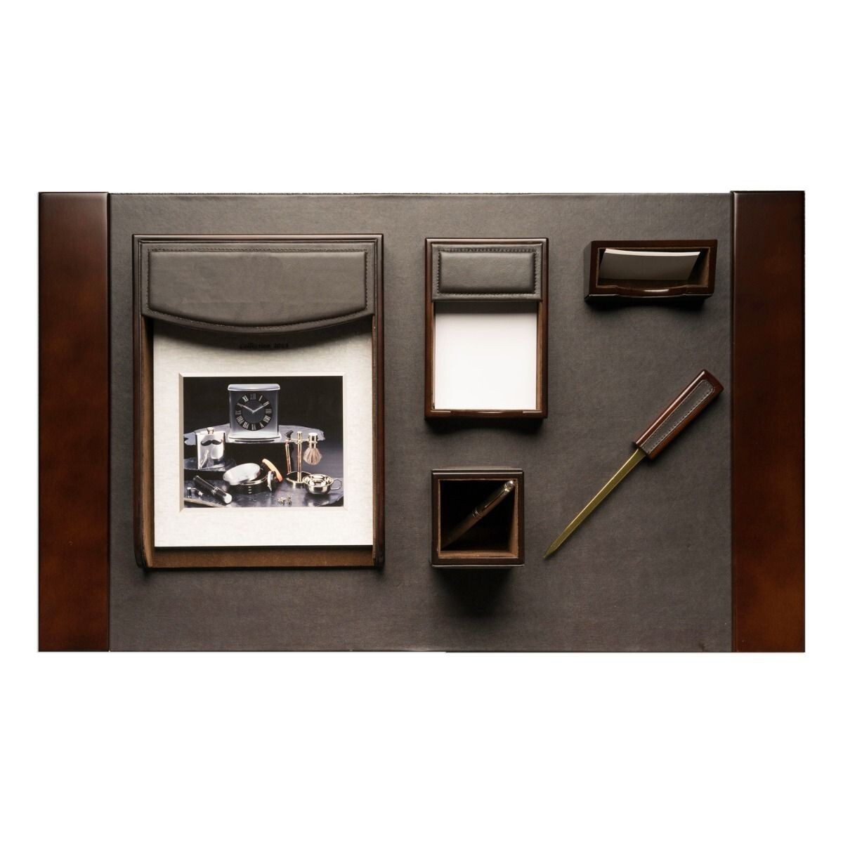 Bey Berk 6 Piece “Walnut” Wood & Brown Leather Desk Set