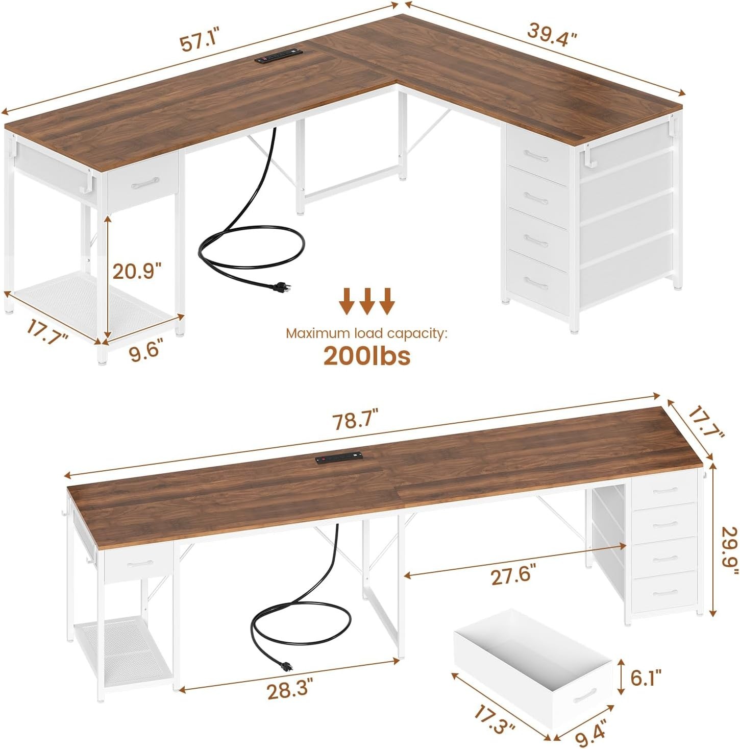L Shaped Computer Desk with 5 Drawers Modern Reversible 78.7″ Long 2 Person Desk