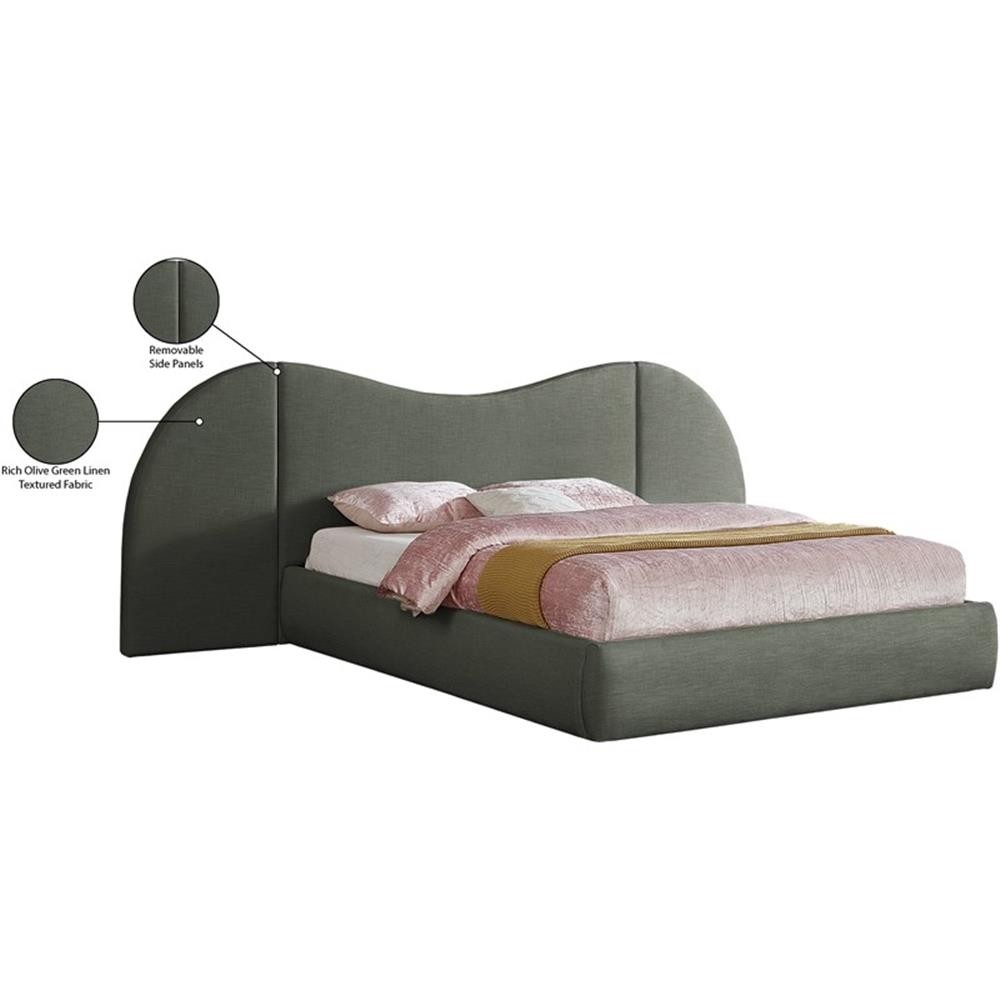 Meridian Furniture Everest Olive Green Linen Textured Fabric Queen Bed