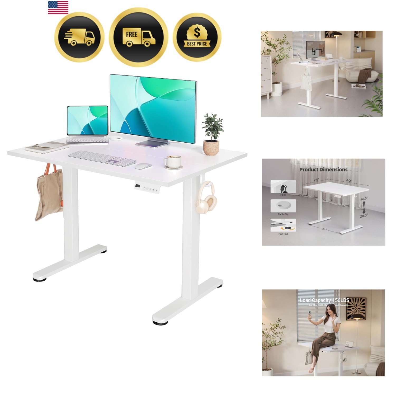 Electric Standing Desk Adjustable Height 40×24 Inch Home Office Desk