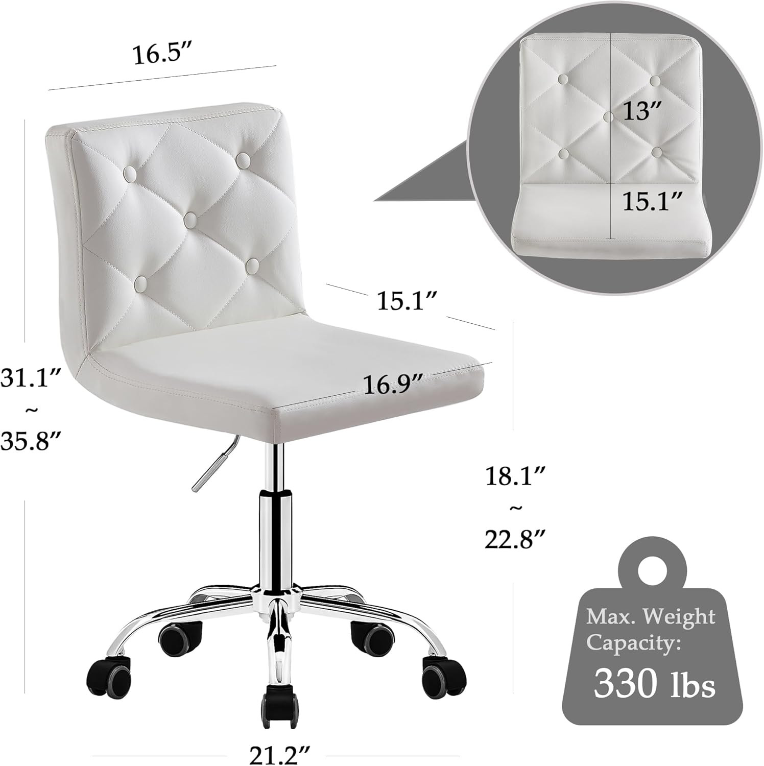 PU Leather Mid-Back Armless Vanity Chair Adjustable Height 360° Rolling Swivel f