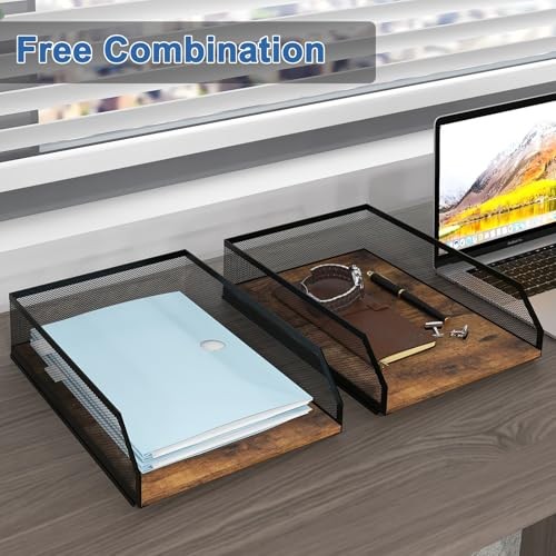 2-Tier Stackable Paper Tray, Metal Mesh Desktop Organizer, Wood 2 tier Retro