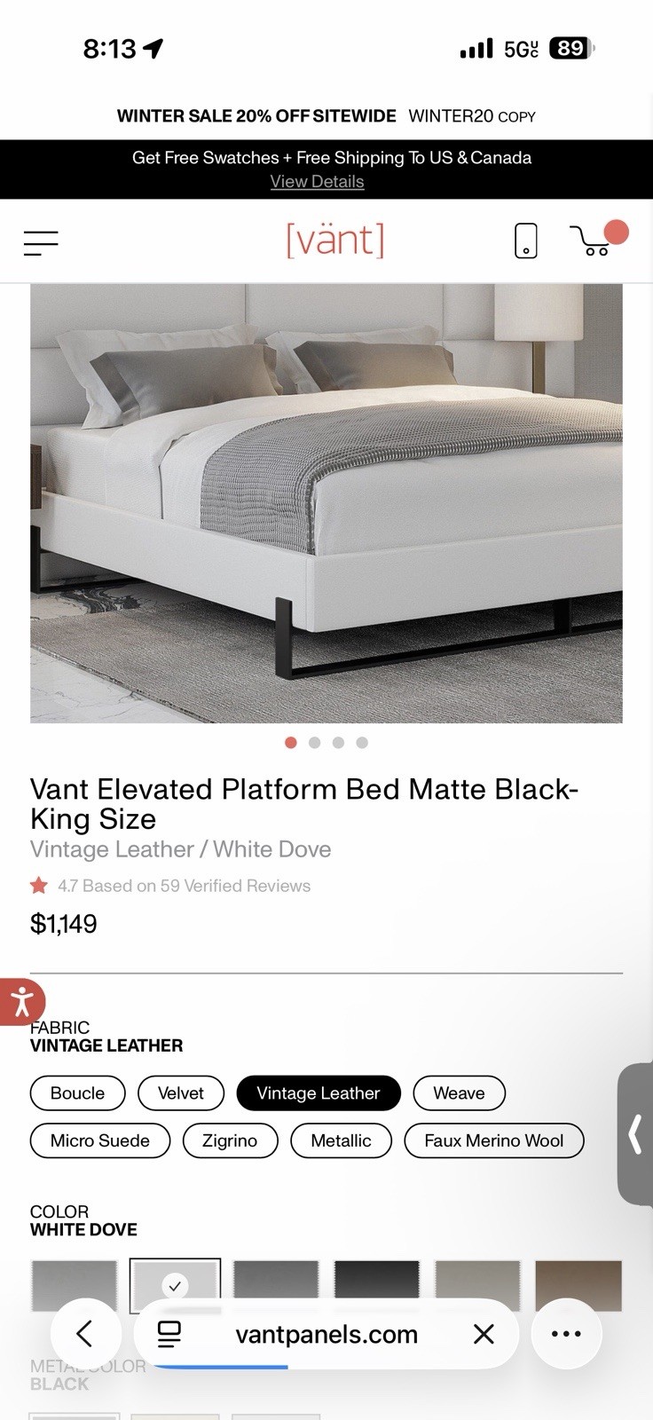Vant Panels Elevated Platform Bed King White Leather W/ Black Legs