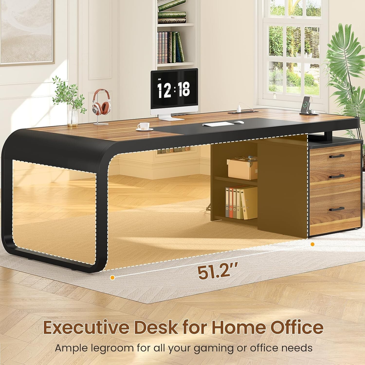 70.9″ Executive Desk, Large Computer Desk with 3 Drawers and Storage Shelves