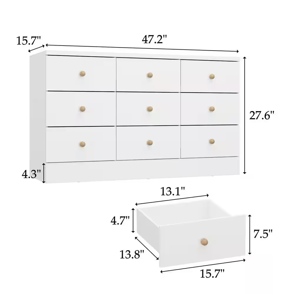 White 9 Drawers 47.2 In. W Wooden Chest of Drawers, Sideboard, Storage Cabinet,