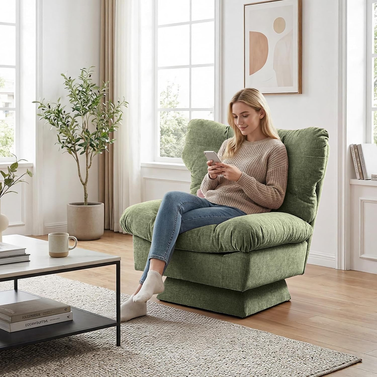 Chic Green Swivel Armchair with Tufted Cushions for Living Room or Bedroom