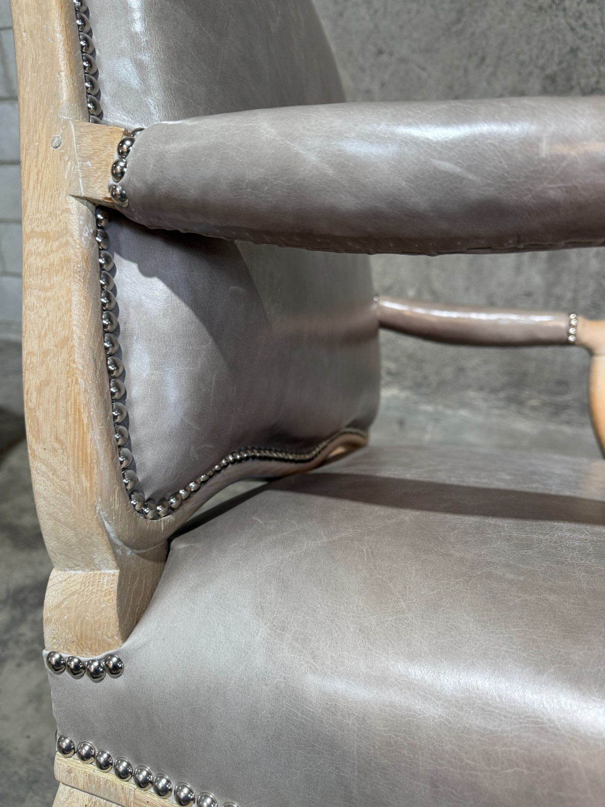 1970 Michael Taylor Louis XV–Style Bergère Chair Gray Leather Nailhead Restored