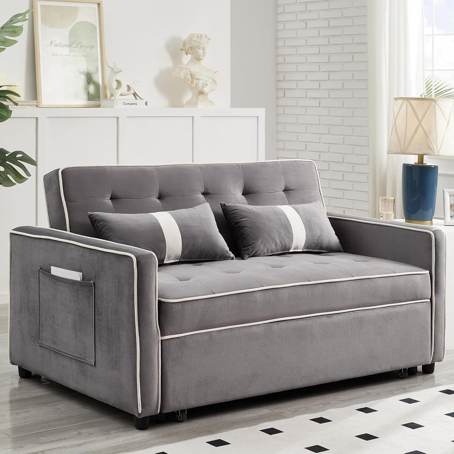 3-in-1 Grey Sofa Bed with Adjustable Backrest & Storage Pockets