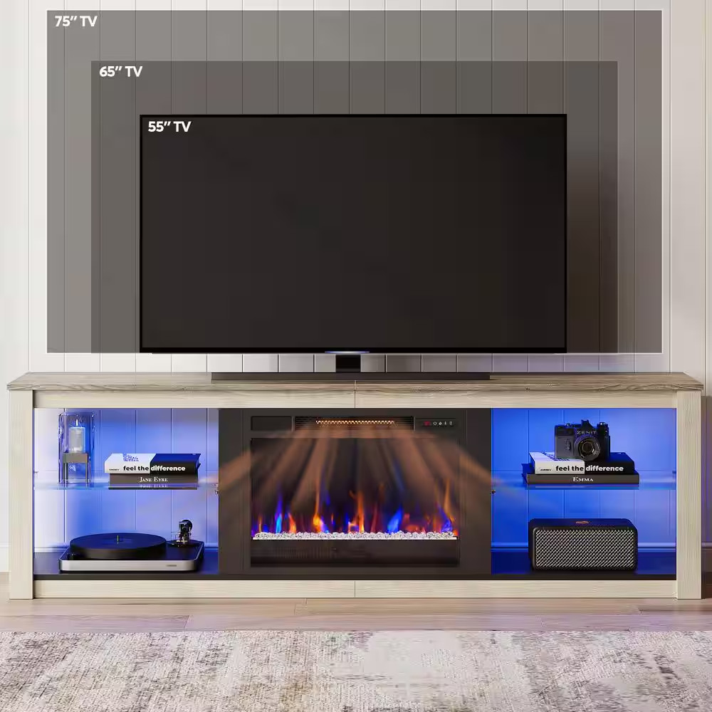 70.8 In. Light Grey TV Stand with Fireplace Fits Tvs up to 75 In. LED Enterta…