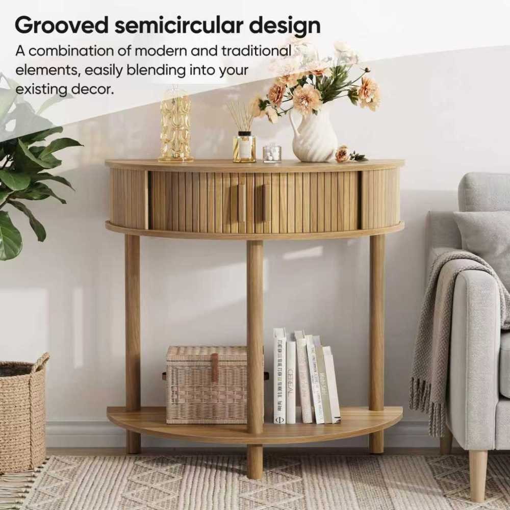 31.5 In Grooved Half-Moon Console Table Farmhouse Sofa Table Behind Couch