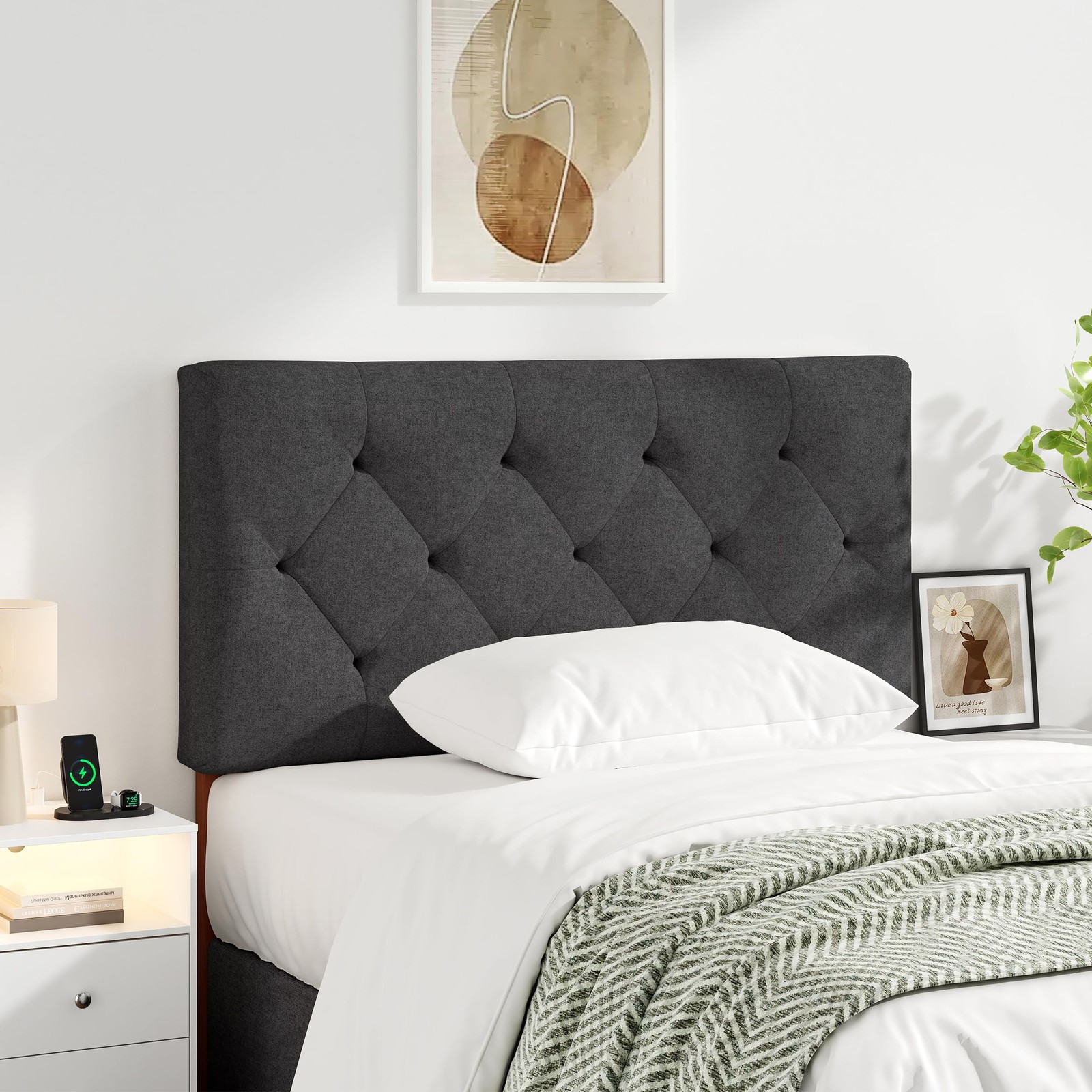 Upholstered Twin/Twin XL Headboard Adjustable 27-41 Wood Legs Dark Grey Button