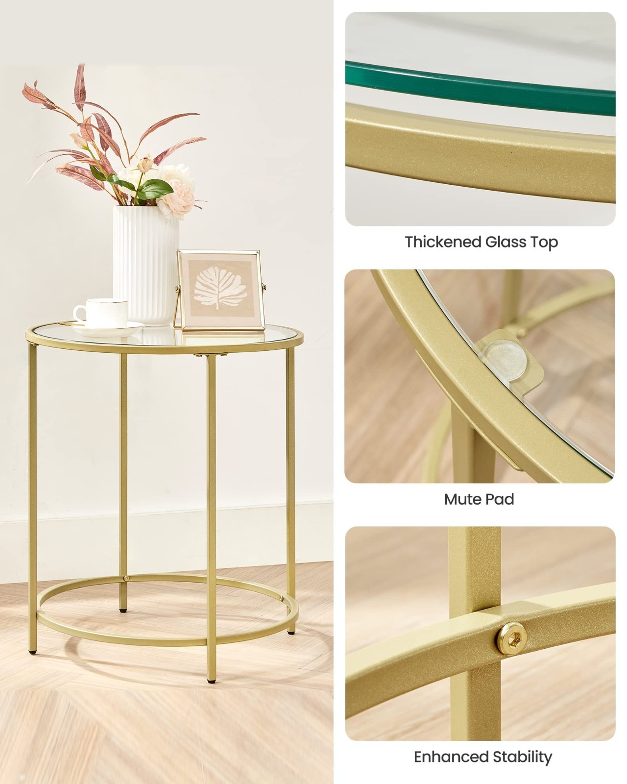Modern Round Glass Side Table – Gold Metal Frame End Table for Living Room, Balc