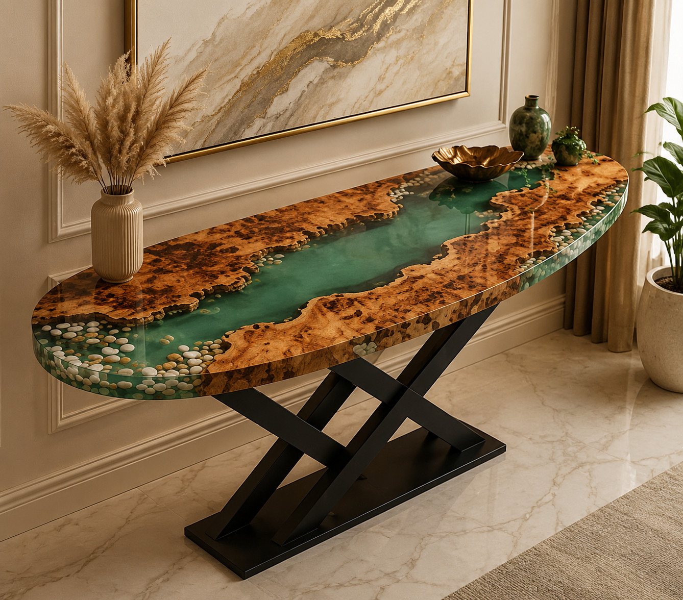 Handmade Live Edge Wood & Emerald Green Epoxy River Console Table | Modern